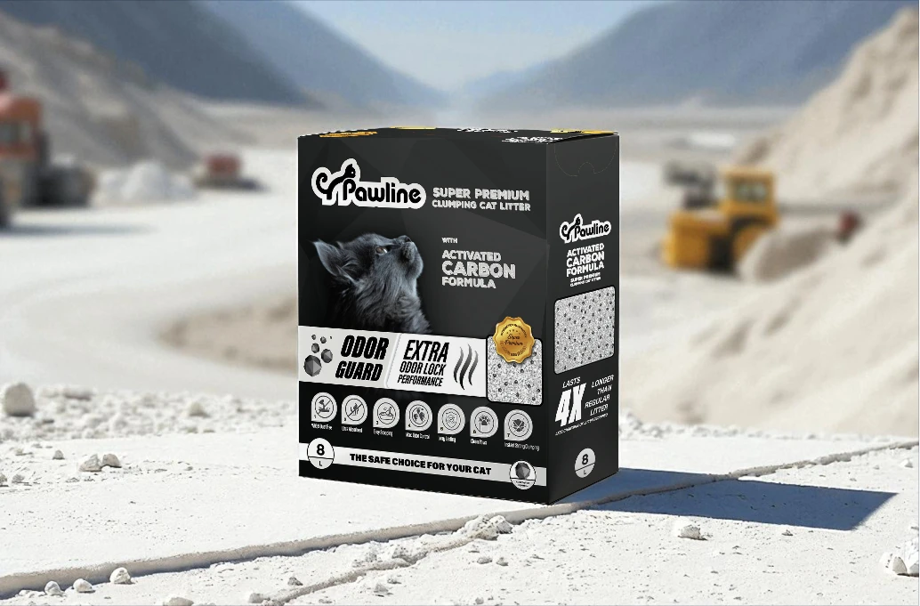 Pawline Super Premium Clumping Cat Litter with activated carbon formula in 8L box packaging. Manufactured in Turkey by using white bentonite clay for odor control and superior clumping.